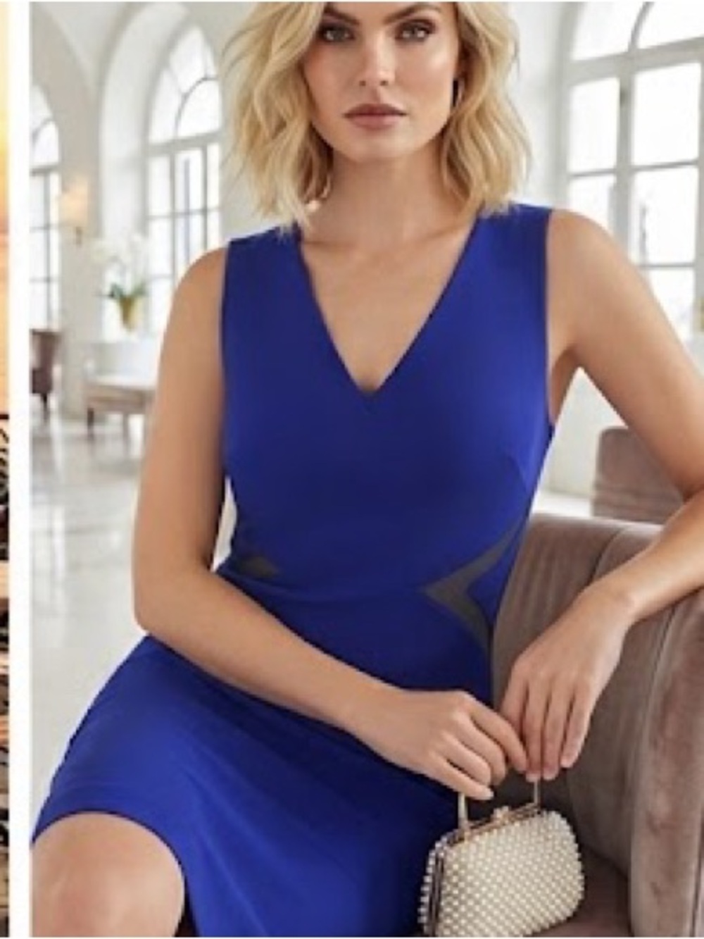 Le Chateau Dress -Cobalt Blue V-Neck Form Fitting Sheer Mesh Design Size M/L